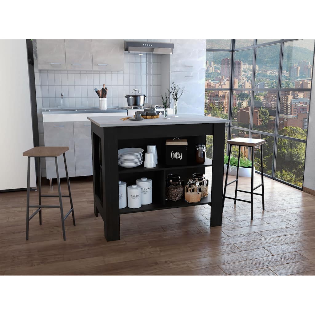 Kitchen Island, kitchen table 35" H, Four Legs, Three Open Storage Shelves, Black / Ibiza Marble