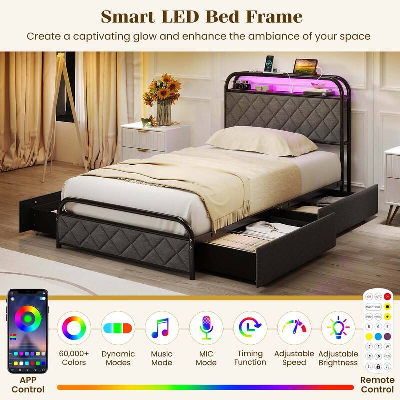 Costway Twin/Full/Queen Size Bed Frame with LED Lights & Charging