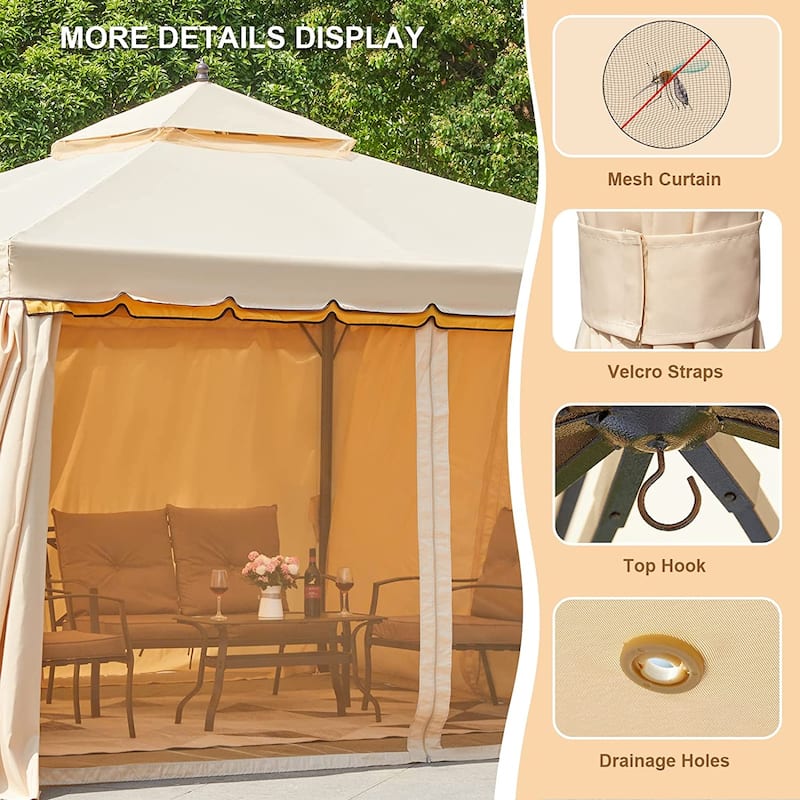 EROMMY Outdoor Canopy Gazebo Double Roof Patio Gazebo with Soft Top, includes Curtains