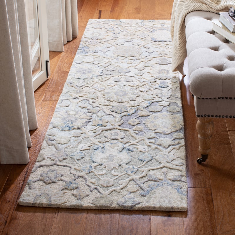SAFAVIEH Handmade Glamour Printed Floral Wool Rug - 2'3" x 6' Runner - Grey/Blue