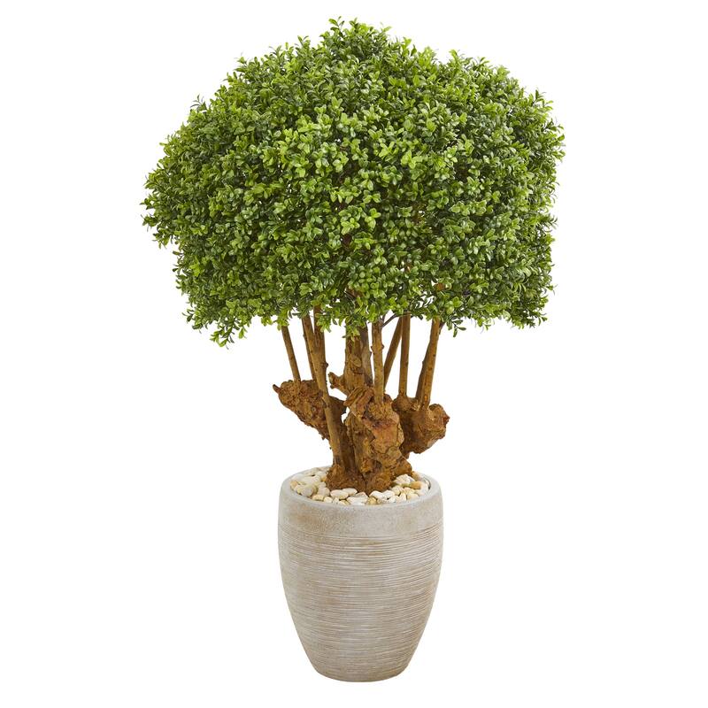Artificial Topiary Tree with Planter - 41 Inch Indoor Outdoor Faux Boxwood Bush Decor - Green