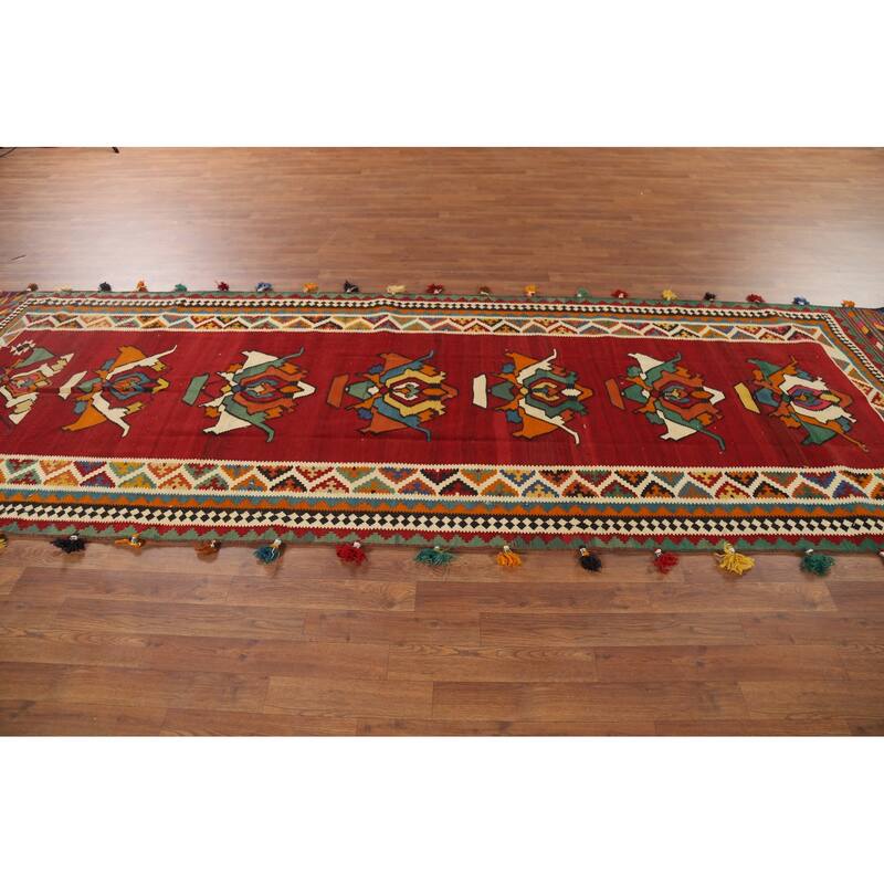 Vegetable Dye Kilim Qashqai Persian Vintage Runner Rug - 4'2"x 12'8"