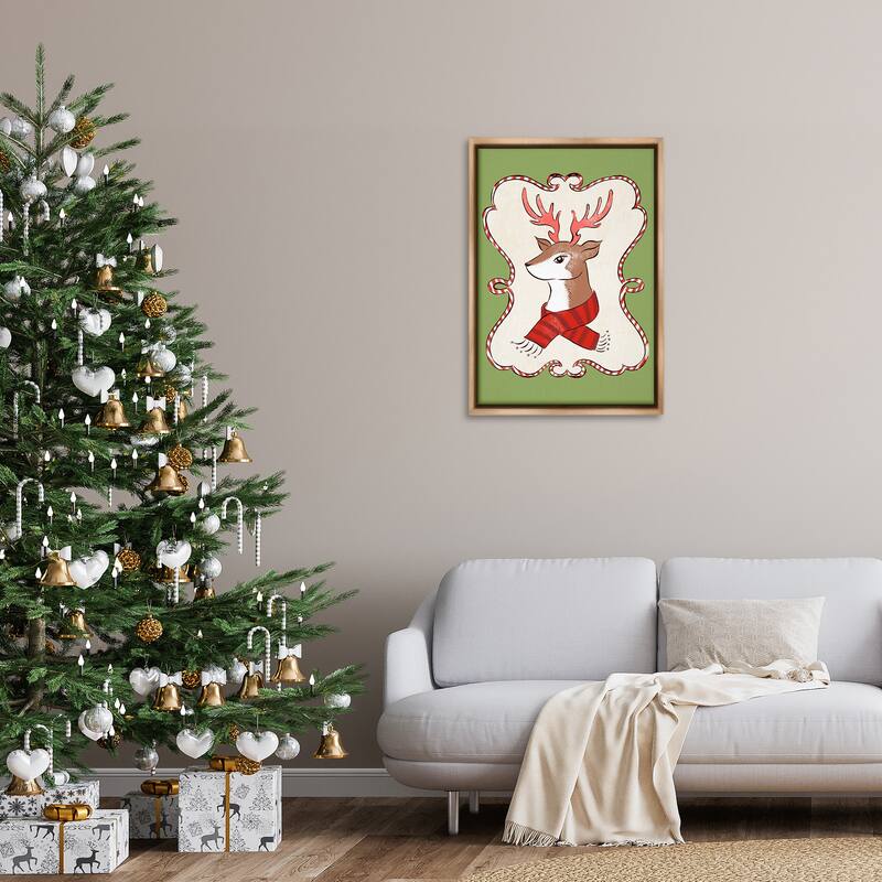 Stupell Festive Winter Deer in Scarf Framed Floater Canvas Wall Art Design By Hannah Moren