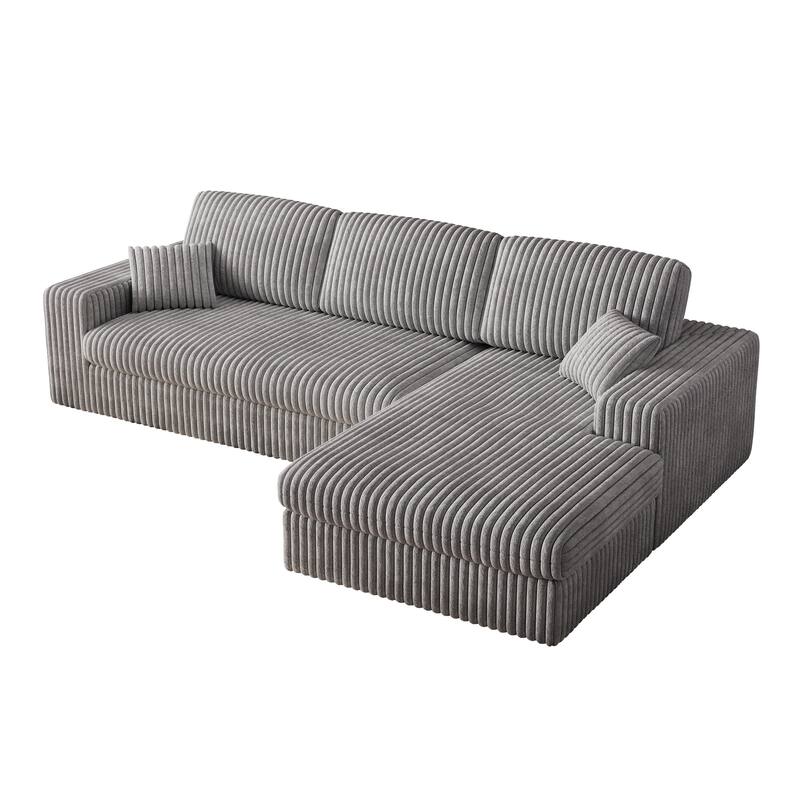 L-Shaped Sectional Sofa with Chaise Lounge, Corduroy Modular Foam Sofa, Upholstered Sofa with 2 Cushion & 2 Throw Pillows
