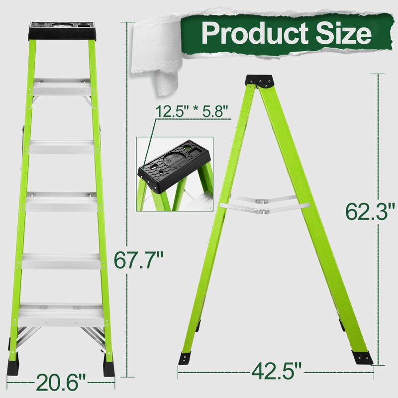 Anmytek Fiberglass ladder, single side step ladder, for electrical engineering ladder structure insulation ladder,green 5steps