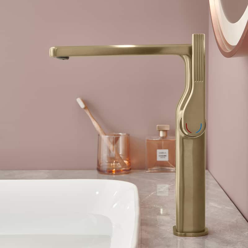 10-1/4"H Solid Brass Single-handle Bathroom Sink Faucet Optional Drain Assembly - With drain - Brushed Gold