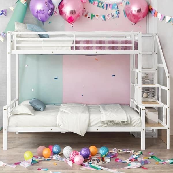 slide 2 of 24, Metal Twin over Full Bunk Bed with Storage Staircase and Open Wardrobe,Kids and Baby White