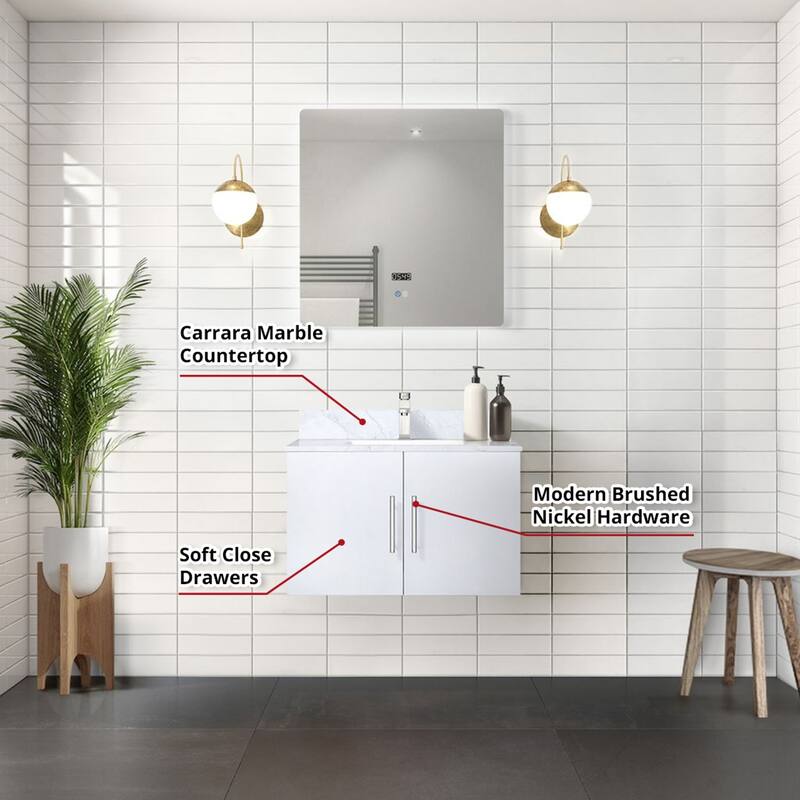 Monte Stainless Steel Bathroom Vanity Set with Marble Top, Chrome Faucet, 30" x 32" Mirror, Scratch & Stain Resistant