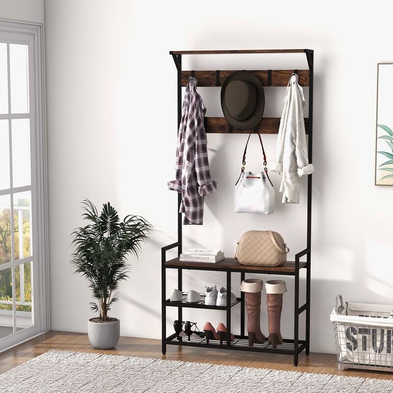 71'' Coat Rack Hall Tree w/ Shoe Bench Entryway Storage Shelf w/ Hooks