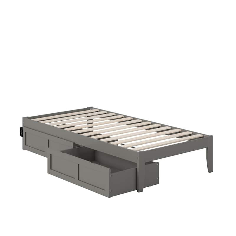 Twin Bed with USB Charger & Drawers - Grey Storage Bed Frame - 76" x 38" - Strong Slat Kit Included