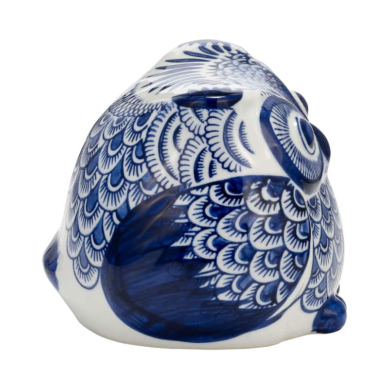 Ceramic Chinoiserie Handpainted Owl Figurine - Blue