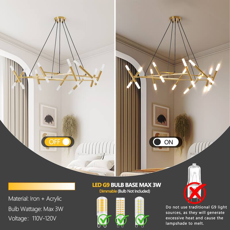 Modern Golden Chandelier with Frosted Tubes, Black Cords, for Dining Room, Living Room and Kitchen Island, Bulb Not Included