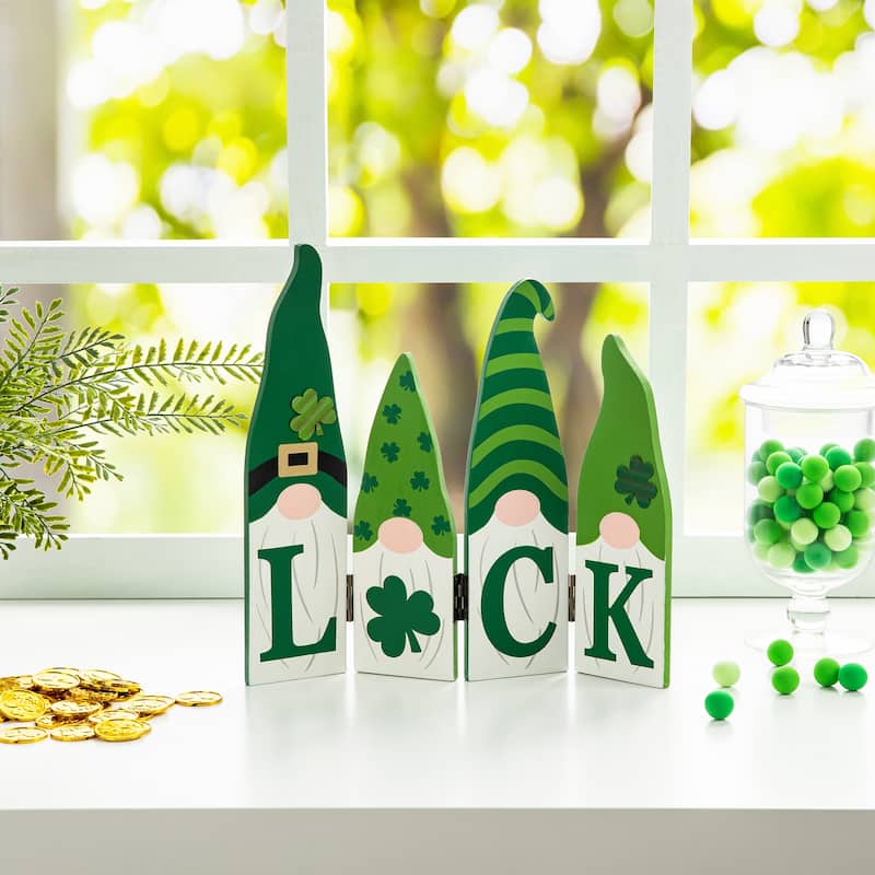 Glitzhome 12.5"L St. Patrick's Wooden Luck Shamrock Gnome Table Decor