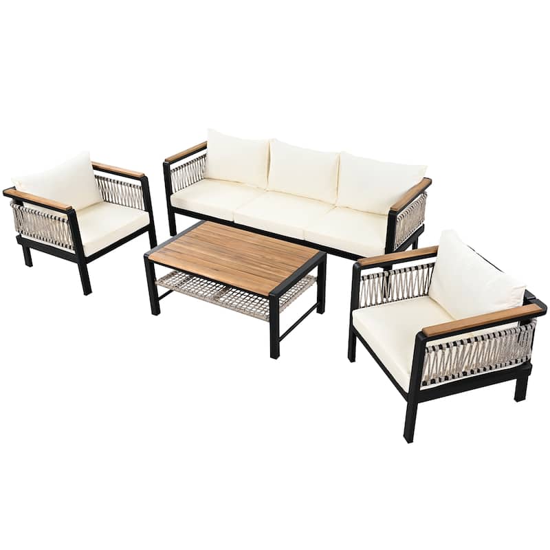 Outdoor Conversation Set with Cushions and Coffee Table, Set of 4 - Beige