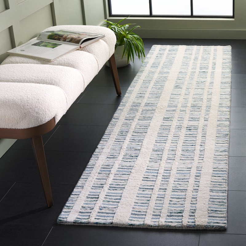 SAFAVIEH Hand-Loomed Fifth Avenue Sevdie Mid-Century Modern New Zealand - 2'3" x 8' Runner - Teal/Ivory