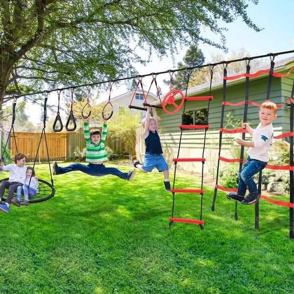 slide 2 of 9, 50 ft Ninja Warrior Obstacle Course for Kids with Tree Swing Set, Tree Jungle Gym Outdoor Playset for Backyard