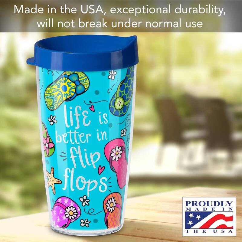 Flip Flops Double Wall Insulated Unbreakable Plastic Travel Tumbler with Lid Holds 16 Ounces Free Microwave Safe Dishwasher Safe