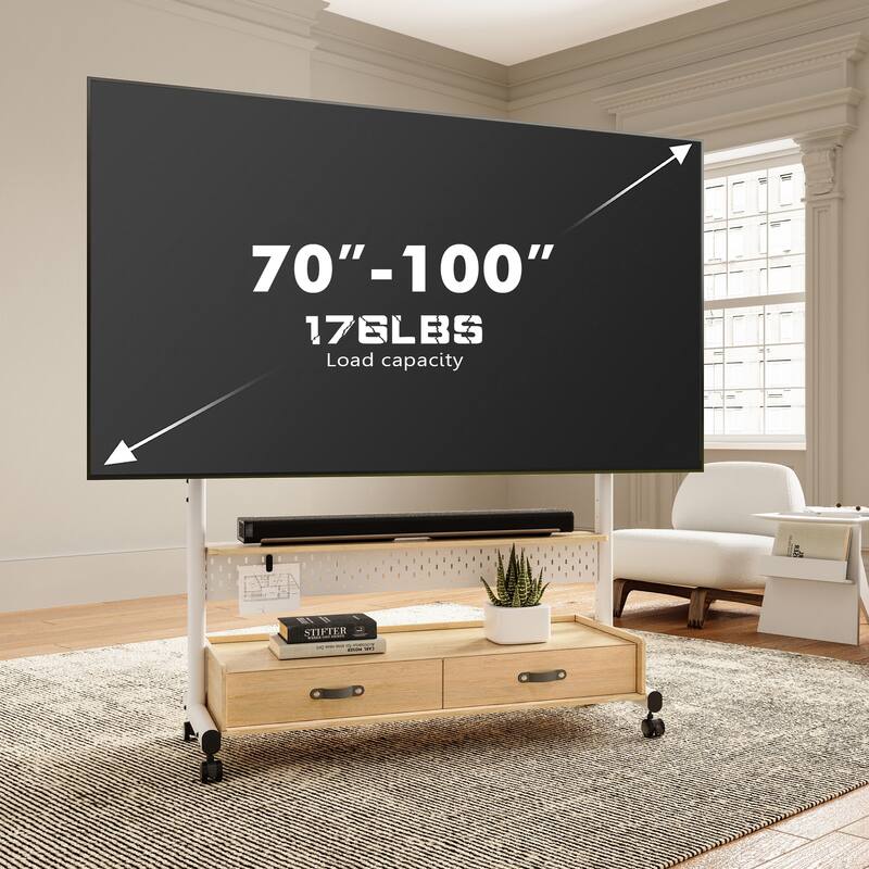 FITUEYES Mobile TV Stand for 70-100 inch Large TVs, Height Adjustable and Multi-functional with Wooden Large Drawer Storage