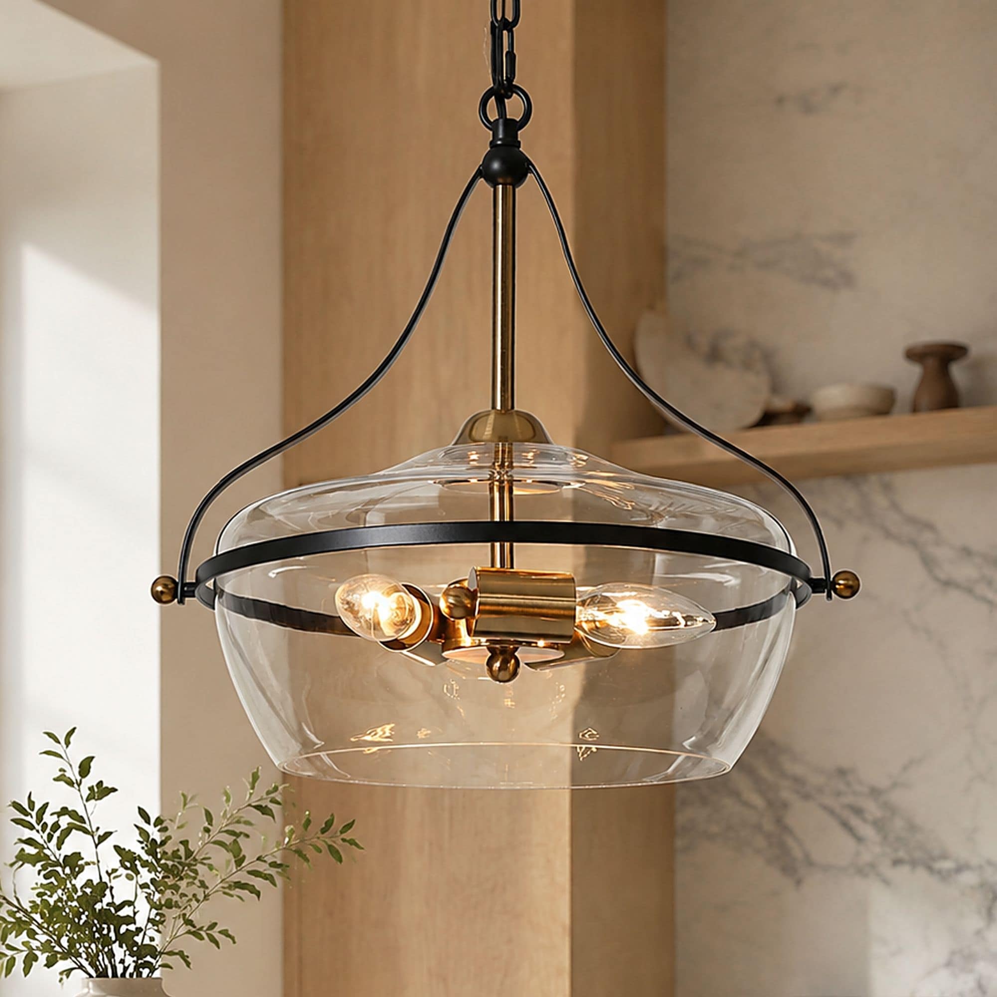 Zelena Modern Farmhouse Black Gold Chandelier 3-Light Pendant Light for Kitchen Island Dining Room with Clear Glass