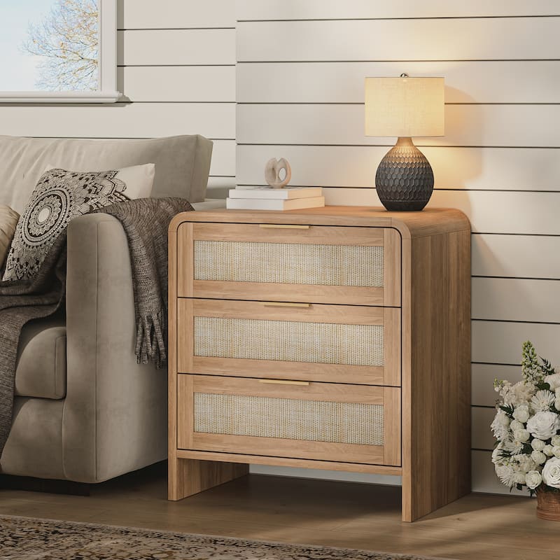 22.8" Rattan Nightstand with 3 Drawers, Curved Wooden Bedside Table with Modern Boho Design
