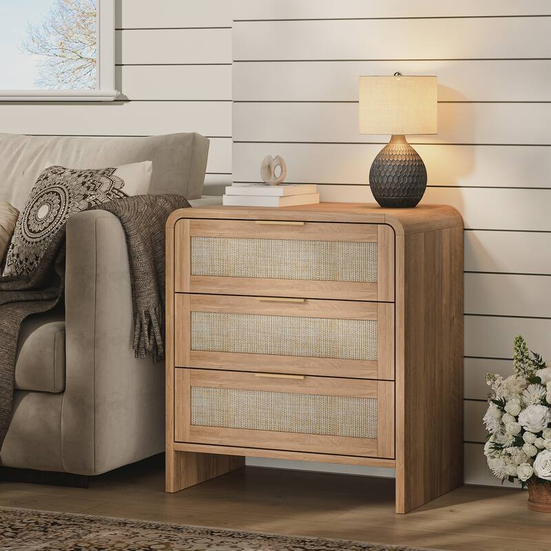 Rattan Nightstand with 3 Drawers, 22.8" Wide Curved Wooden Bedside Table, Modern Storage for Bedroom