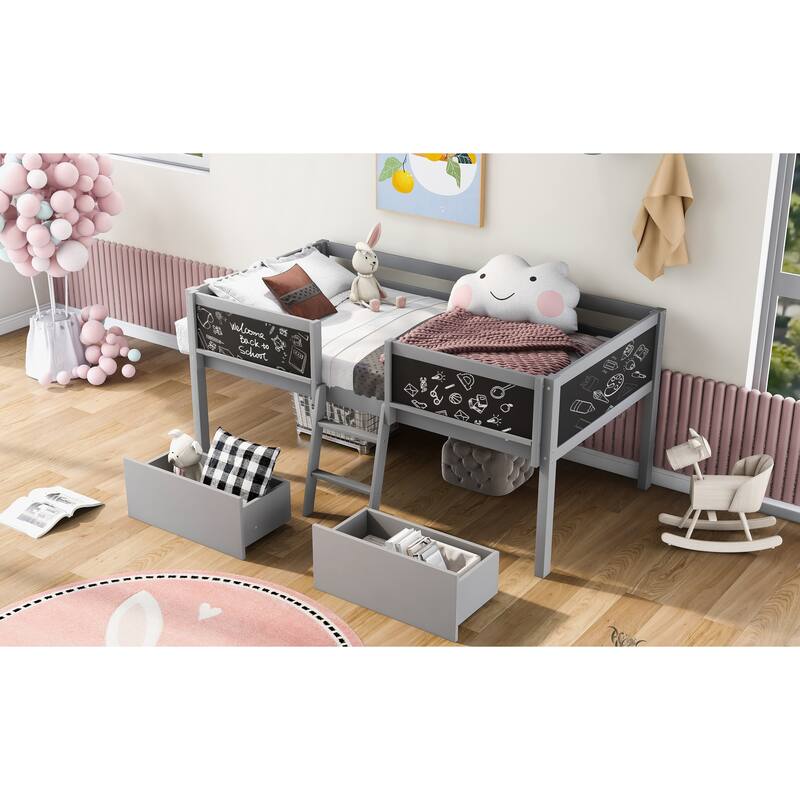 Twin Size Wood Loft Bed with 2 Storage Drawers & Chalkboard - Grey