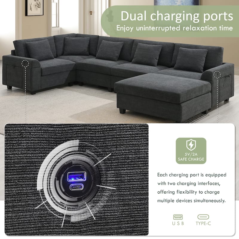 Chenille Sectional Sofa with Hidden Armrest Storage, Cup Holders, USB Charging Ports and Oversized Ottoman Chaise Lounge