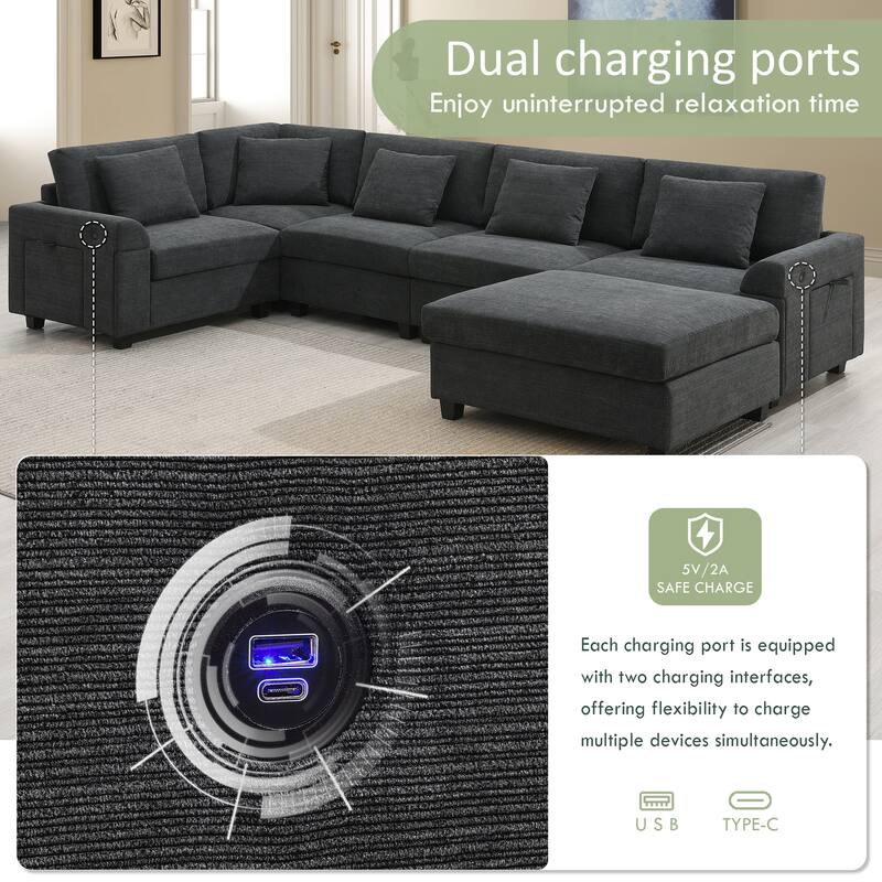 U Shaped Sectional Sofa with Ottoman, Chenille 6 Seater Sofa with Hidden Armrest Storage, Cup Holders & USB Charging Ports