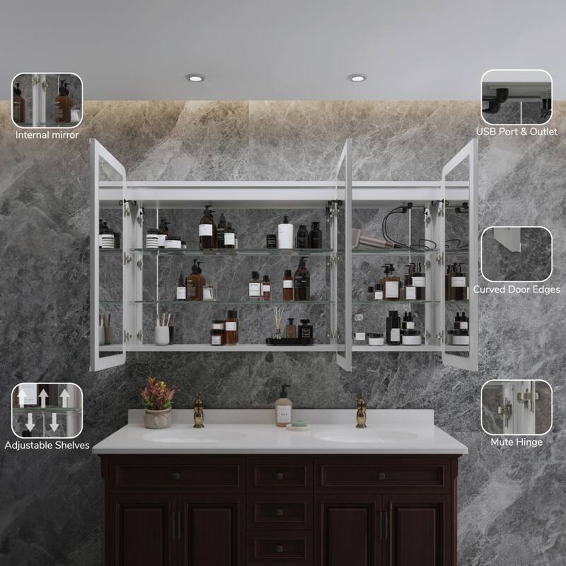 Rounded Edge LED Medicine Cabinet with Mirror, Dimmable, Anti-fog, Adjustable Shelves, Recessed or Wall Mount, ETL Certified