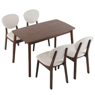 Mid-Century Wood Dining Set with Fabric Chairs,5-Pcs Set,Natural Oak Finish