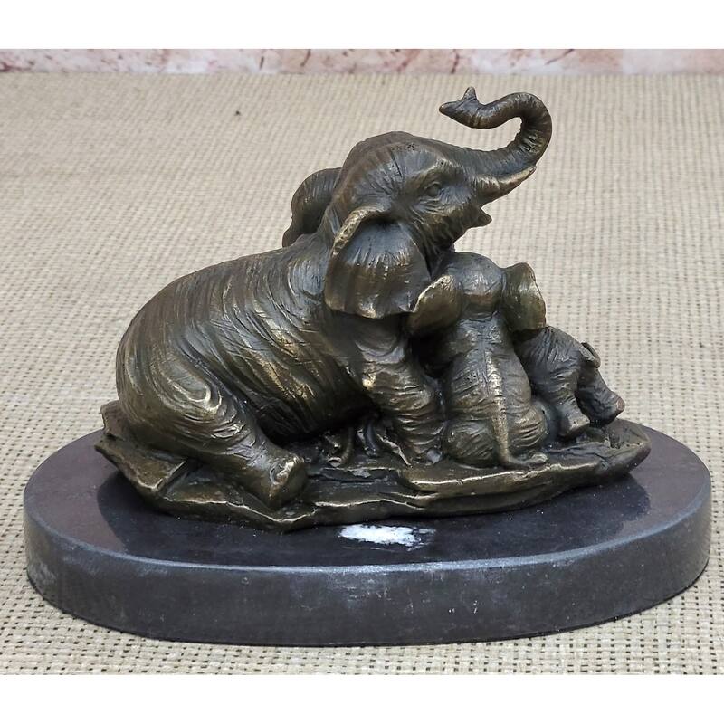 Elephant Mother And Babies Bronze Statue Sculpture Miniature Collectible 5 Inches X 6 Inches