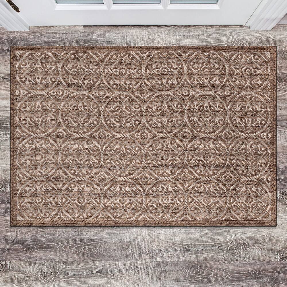 World Rug Gallery Transitional Floral Circles Textured Flat Weave Indoor/Outdoor Area Rug