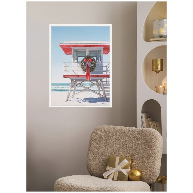 Kate and Laurel Framed Canvas Holiday Wreath Beach Lifeguard Tower by The Creative Bunch Studio