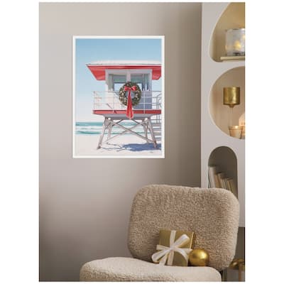 Kate and Laurel Framed Canvas Holiday Wreath Beach Lifeguard Tower by The Creative Bunch Studio