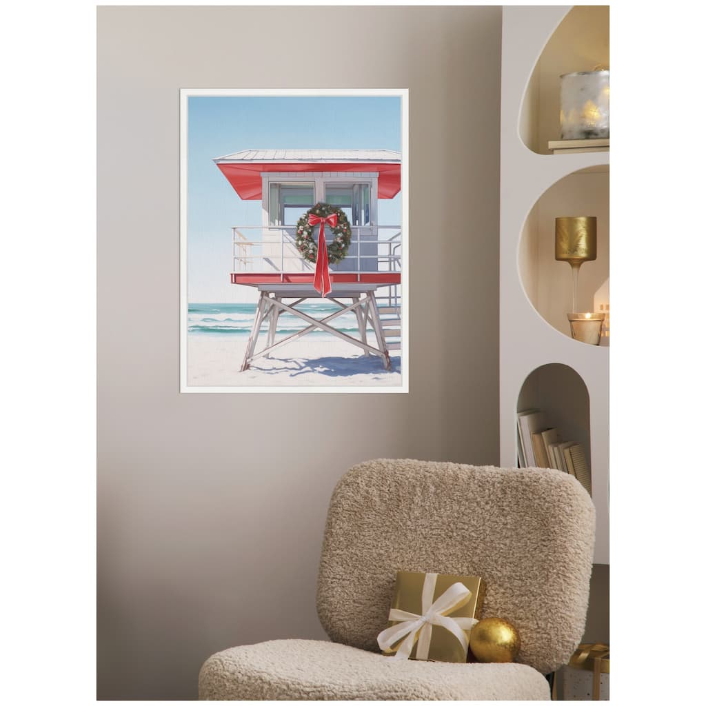 Kate and Laurel Framed Canvas Holiday Wreath Beach Lifeguard Tower by The Creative Bunch Studio