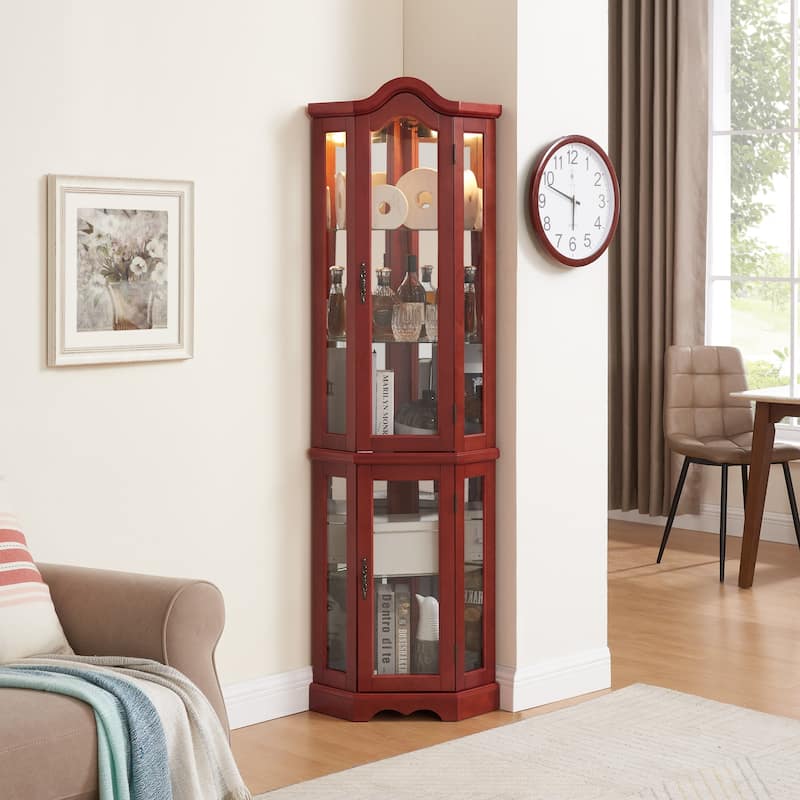 Lighted Corner Curio Cabinet with Tempered Glass Doors - Cherry