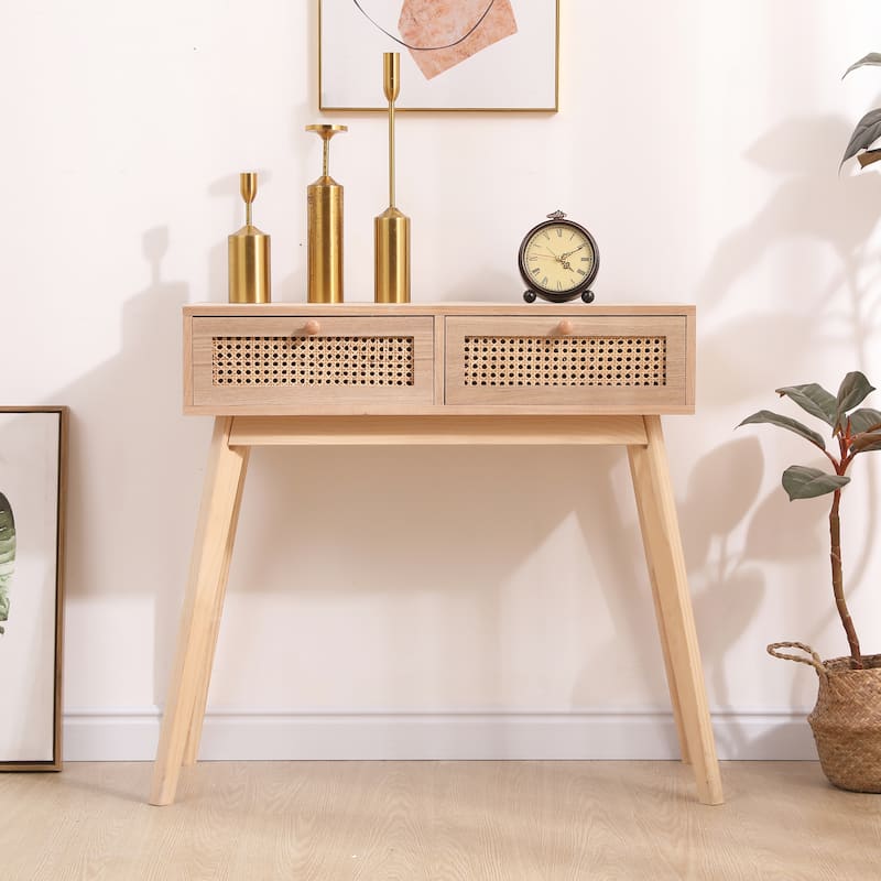 Side table with two real rattan drawers, solid wood table legs,can be used in the dining room, living room,bedroom,entrance