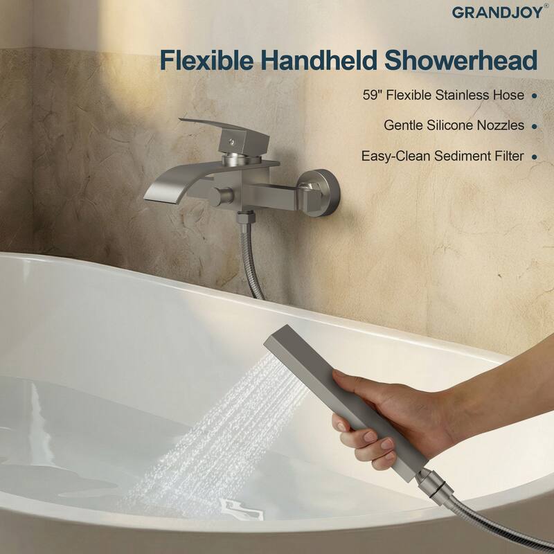 GRANDJOY Wall-mount Waterfall Bathtub Faucet with Handheld Shower