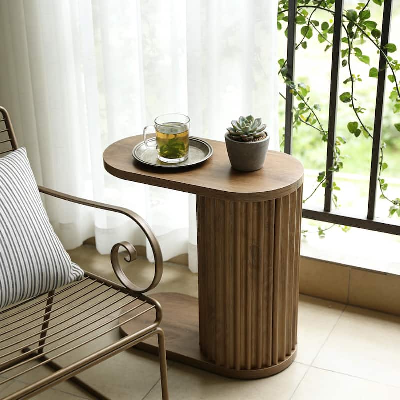 Modern C-Shaped End Table, Fluted Narrow Side Table