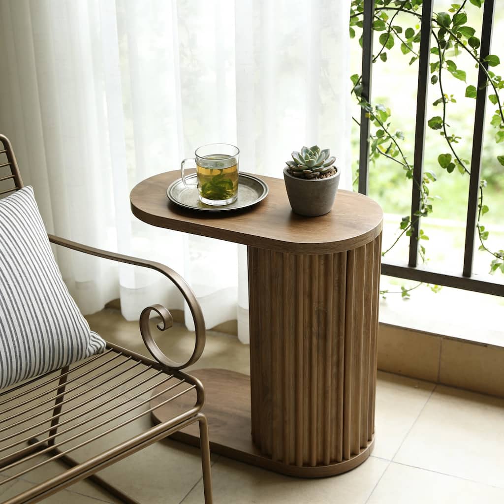 Modern C-Shaped End Table, Fluted Narrow Side Table