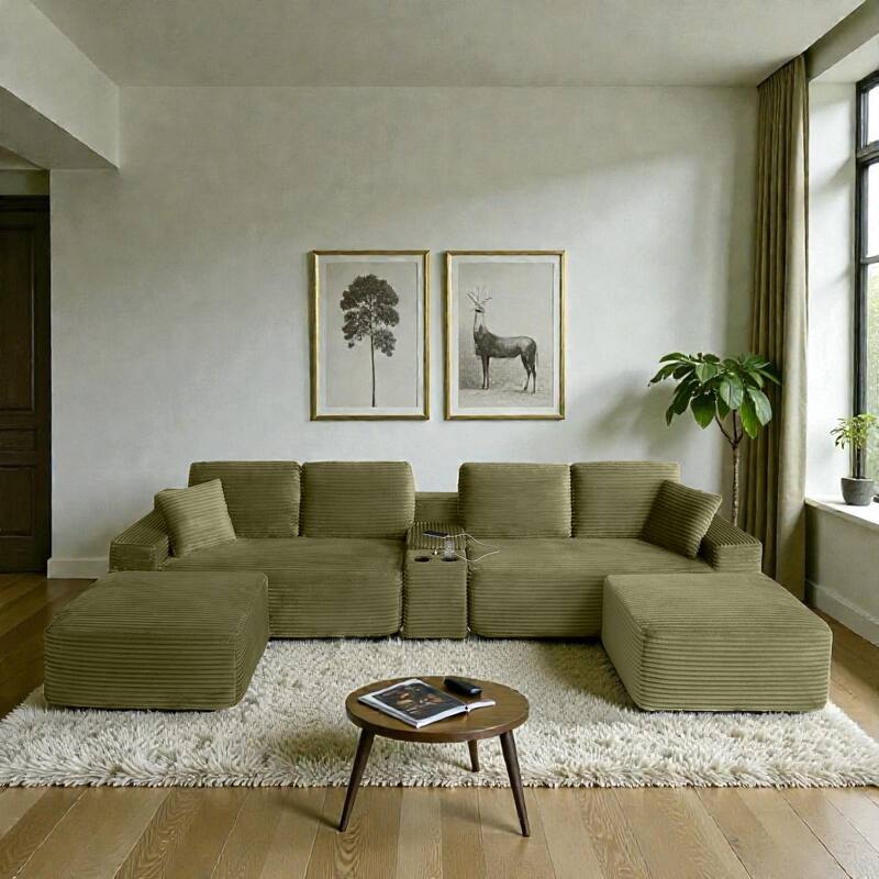 125" L Shaped Sectional Sofa with 2 Ottomans, Cloud Corduroy Couch with Deep Seat, Cup Holders and USB Ports