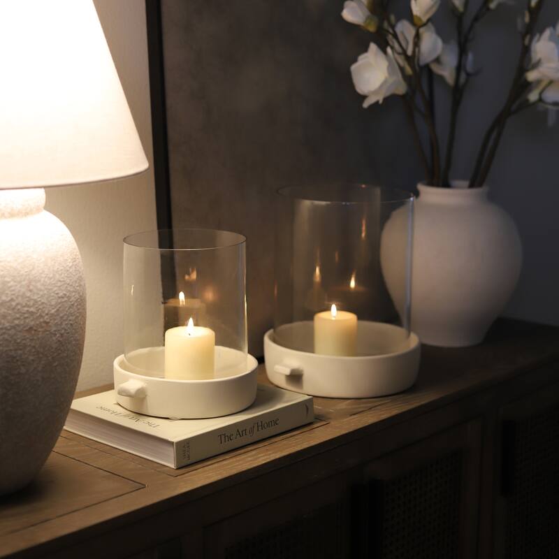 Modern Glass Hurricane Candle Holder with Terracotta Base - 10"