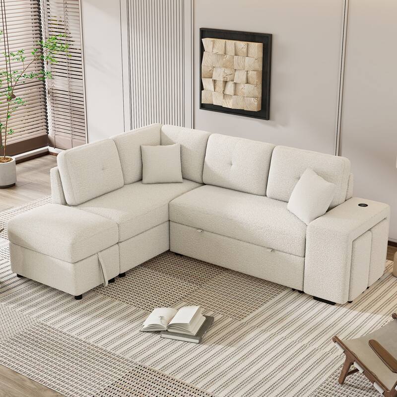 Convertible Sleeper,Sectional Pull Out Sofa Bed with Storage Ottoman,2 Throw Pillows,2 Stools,Cream