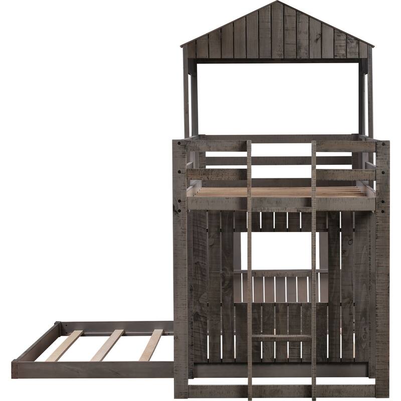 Twin Over Full Playhouse Bunk Bed Wood Loft Bunk Bed Frame with Ladder