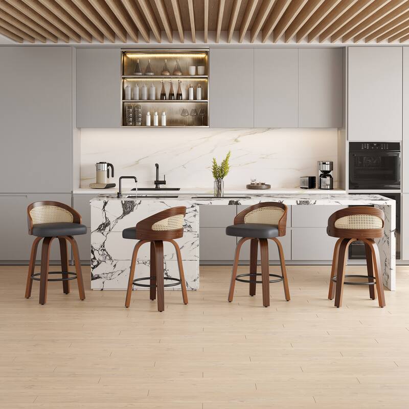 Swivel Bar Stools Set of 2, Modern Wood Frame with Rattan Back, PU Leather Stool for Kitchen Counter, Upholstered Barstools