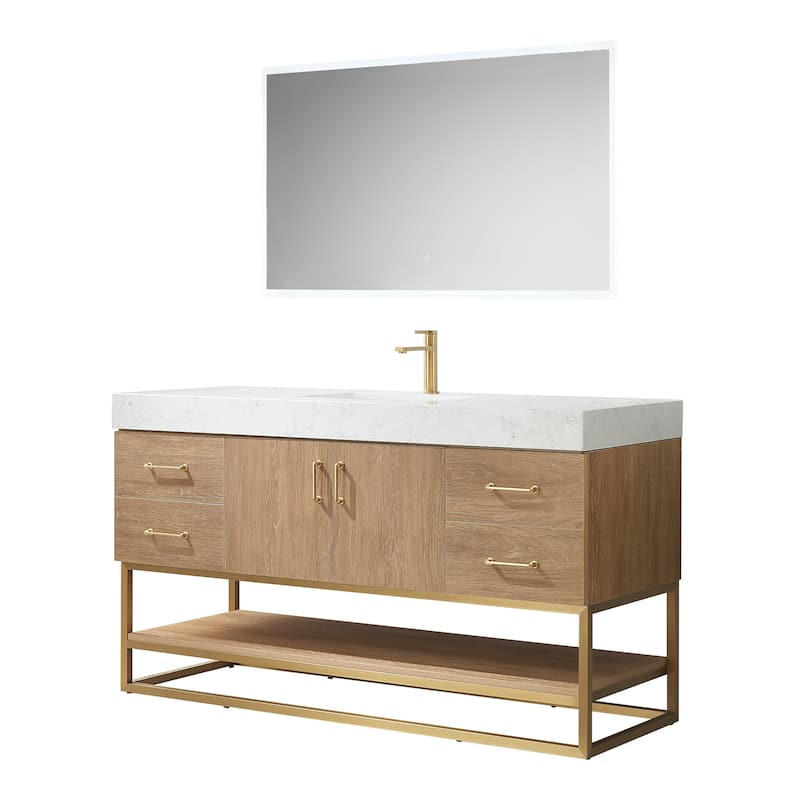 Alistair 60" Single Vanity with White Grain Stone Top and Mirror - 60" x 22" - 60" x 22" - North American Oak(Gold Hardware)