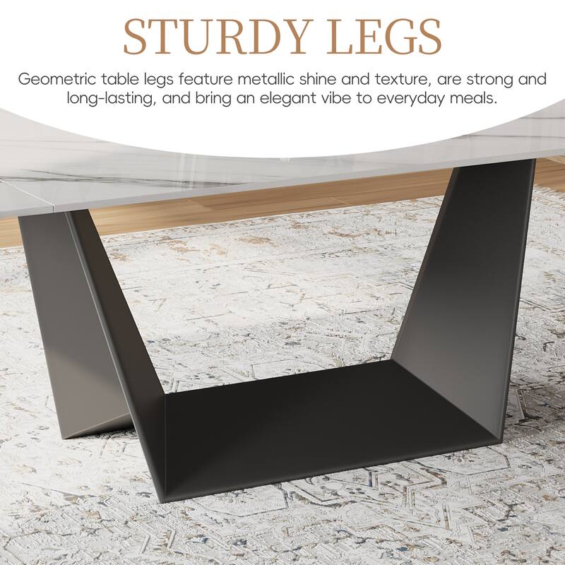 63"-95" Modern Extendable Dining Table For 6-10,White Glossy Sintered Stone Tabletop - 95
