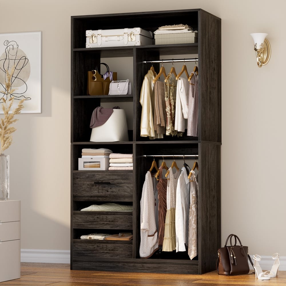 Qvella 36" Freestanding Closet System With 3 Drawers and 2 Hanging Rods,Multi-Purpose Wardrobe Closet Rack