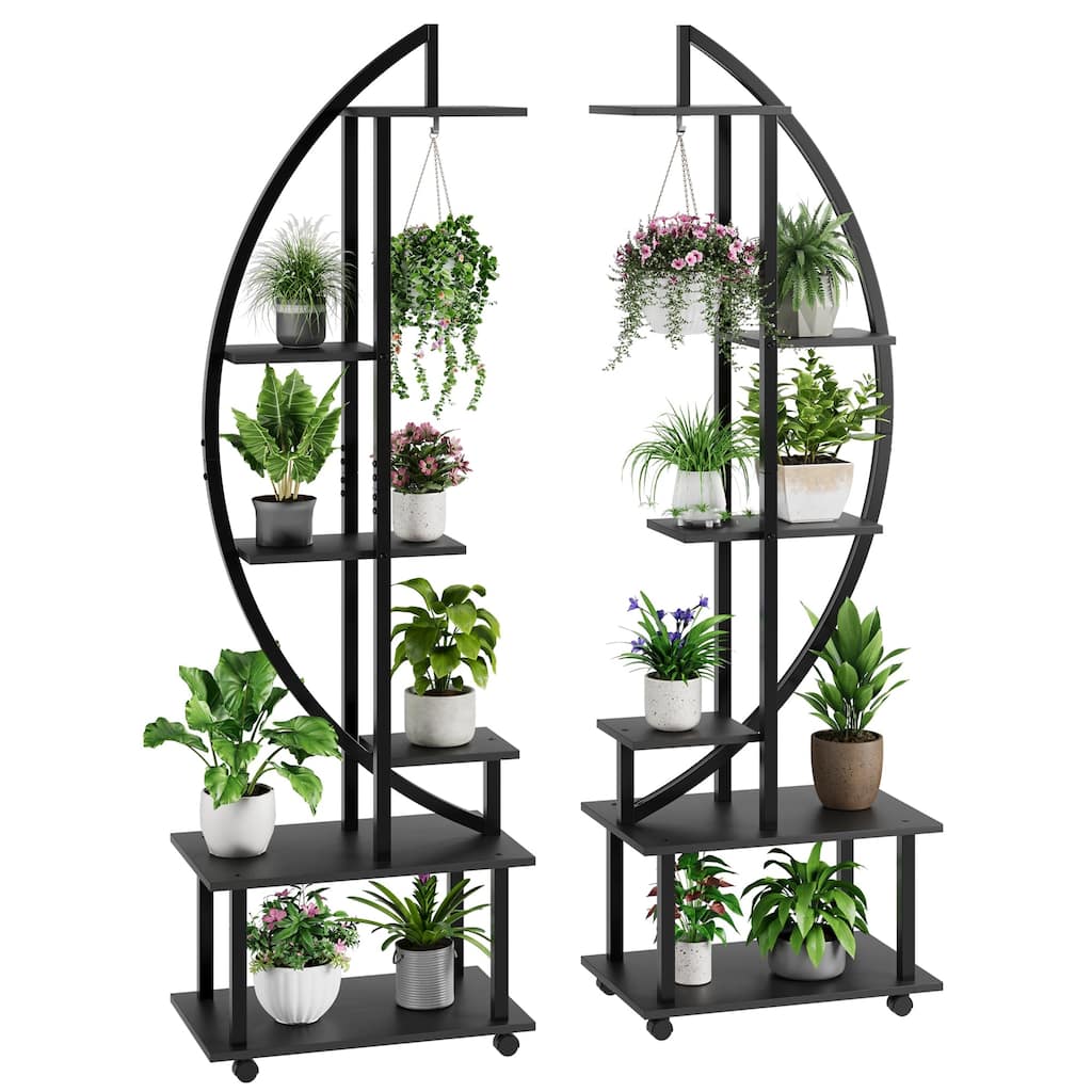 2 Pack 6 Tier Tall Plant Stand Metal Indoor Plant Stand With Detachable Wheels Half Moon Shape Plant Stands