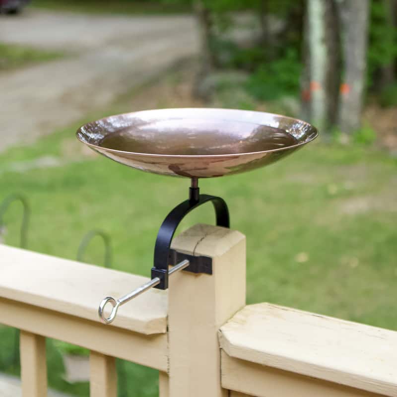 Achla Designs 15.75"L Round Burnt Copper Stainless Steel Birdbath w/ Wrought Iron Over Rail Bracket